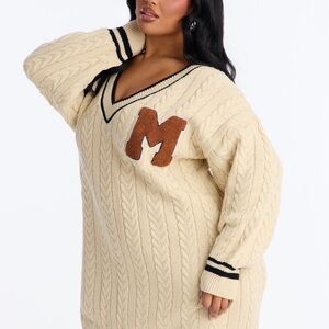 Fashion Nova Cream V-Neck Sweater with Brown Letter Detail
